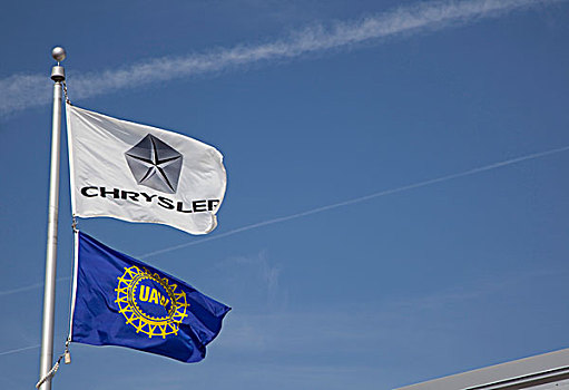 旗帜,克莱斯勒,团结,汽车,工人,上方,南,引擎,植物,密歇根,美国