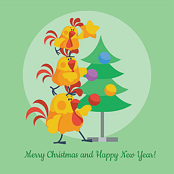 卡通,公鸡,家族,装饰,圣诞树,可爱,悬挂,玩具,冷杉,矢量,圣诞快乐,新年快乐,中国,黄道十二宫,日历,动物,圣诞节,邀请,卡