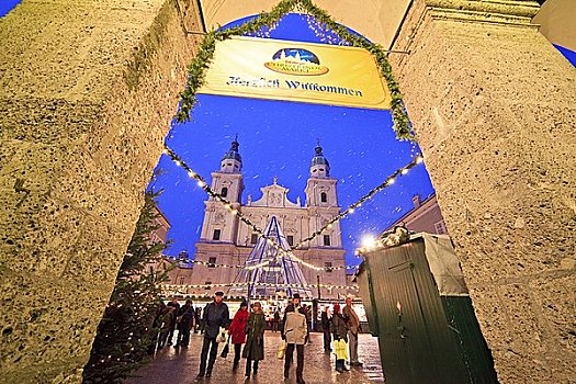 入口,圣诞市场,老城,萨尔茨堡,大教堂,背景,奥地利