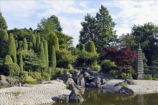 日式庭园,瀑布,公园,北莱茵威斯特伐利亚,德国,欧洲