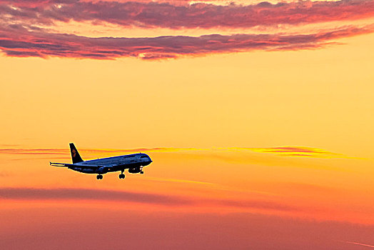 汉莎航空公司,飞机,准备,降落,慕尼黑,机场,漂亮,日落,靠近,弗赖辛,奥波拜延,上巴伐利亚,德国