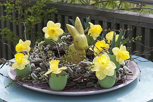 复活节花环,水仙花,木质,复活节兔子
