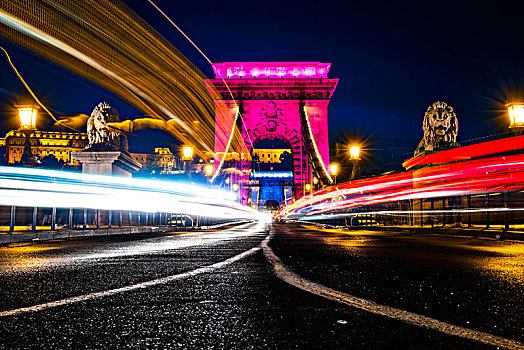 光亮,链索桥,痕迹,灯,夜晚,布达佩斯,匈牙利,欧洲