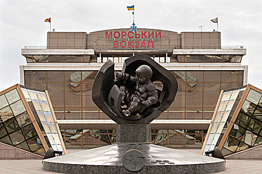 金色,孩子,雕塑,周年纪念,敖德萨,港口,黑海,海岸,乌克兰