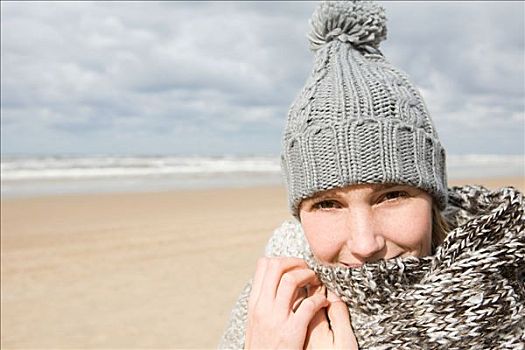 女人,帽子,围巾,海洋