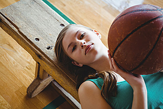 头像,女性,篮球手,球,躺着,长椅,球场,俯拍,女人,篮球