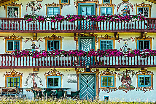 农舍,涂绘,巴伐利亚,红色,天竺葵,露台,上巴伐利亚,德国,欧洲