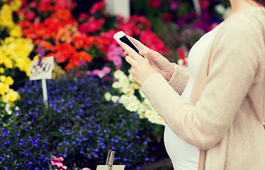 孕妇,智能手机,花,市场
