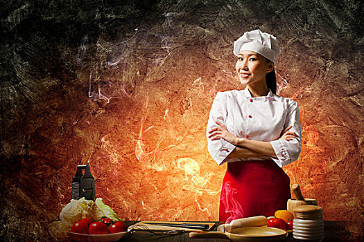 亚洲女性,烹饪,生气,彩色背景,光泽,效果