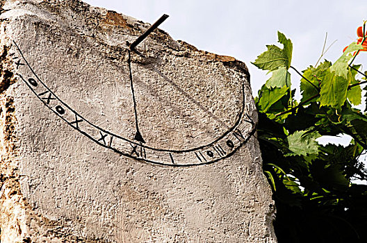 涂绘,日晷,墙壁,围绕,葡萄藤,赫瓦尔岛,达尔马提亚海岸,克罗地亚