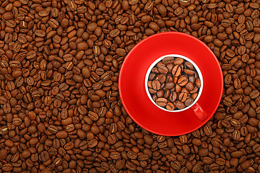 咖啡豆,红色,杯子,碟,俯视
