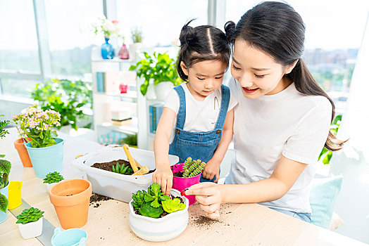 快乐的母女俩在家种植盆栽