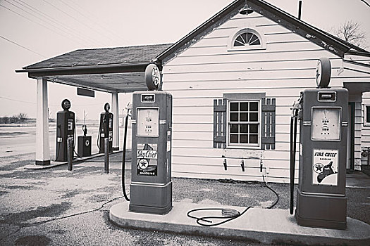 黑白,老式,加油站,伊利诺斯,美国,66号公路