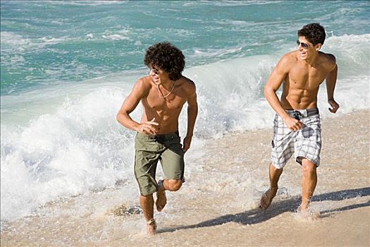 青少年,男孩,跑,海滩