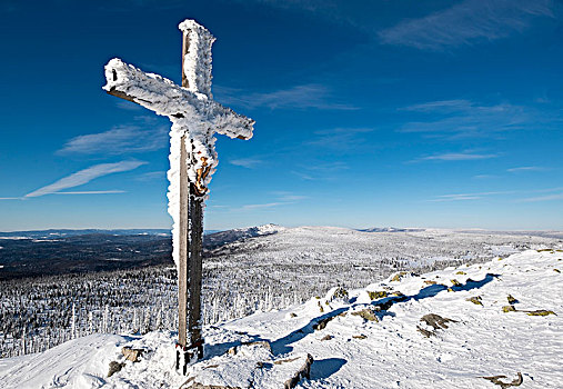 顶峰,十字架,冬天,背影,巴伐利亚森林国家公园,下巴伐利亚,巴伐利亚,德国,欧洲