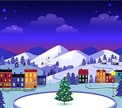 装饰,圣诞节,城镇,晚间,圣诞树,中心,许多,彩色,建筑,矢量,卡通,插画,假日,卡,雪山,背景,房子,冰