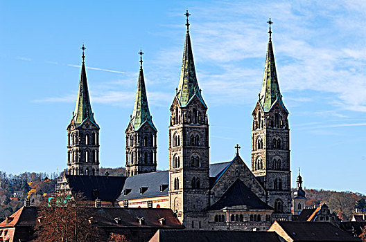 风景,塔,城堡,四个,尖顶,大教堂,班贝格,上弗兰科尼亚,巴伐利亚,德国,欧洲