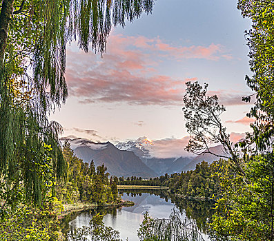 日落,风景,山,烹饪,反射,湖,库克山国家公园,西区国家公园,新西兰,阿尔卑斯山,南岛,大洋洲