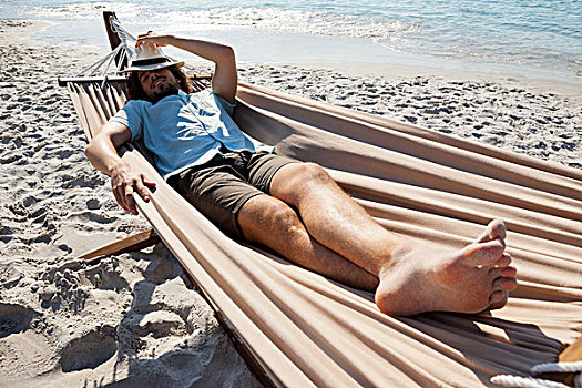 男人,放松,吊床,海滩