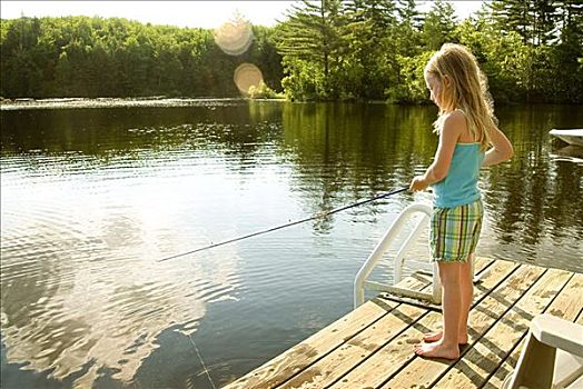 女孩,钓鱼,湖