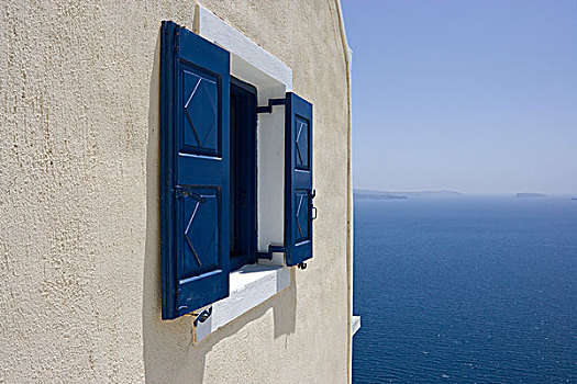 希腊,锡拉岛,窗户,墙壁,远眺,蓝色海洋