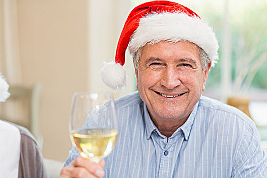 微笑,成熟,男人,圣诞帽,祝酒,白葡萄酒