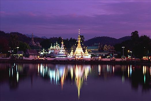 泰国,儿子,寺院,康巴,湖,黄昏