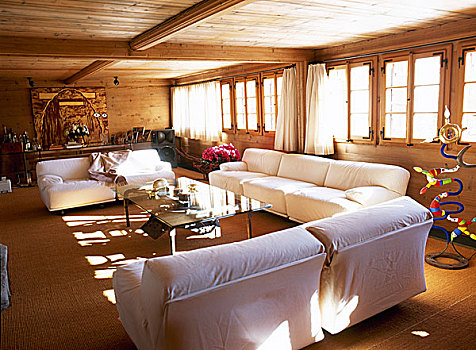 乡村风格,起居室,木料,天花板,软垫,白色,沙发