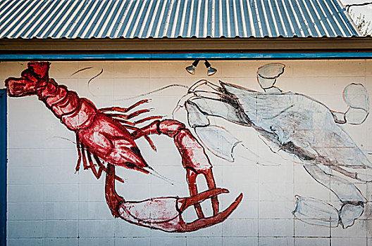 美国,路易斯安那,涂绘,壁画,海鲜,小龙虾,蟹肉,户外,墙壁,小湾