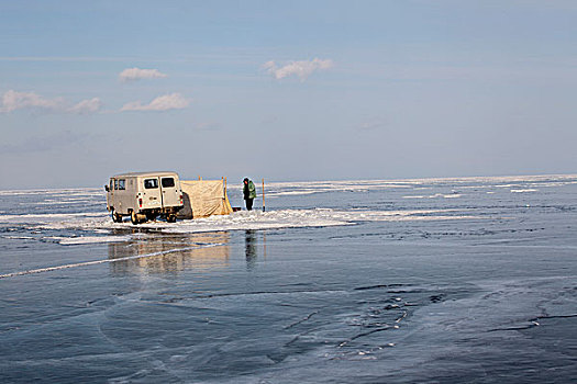 渔民,钓鱼,冰冻,贝加尔湖,区域,西伯利亚,俄罗斯,欧洲