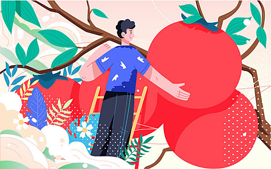 秋天人物收获柿子海报秋季果园农场果实插画