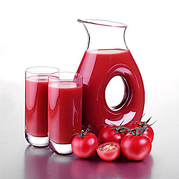 罐,番茄汁,两个,满,玻璃杯,新鲜,西红柿