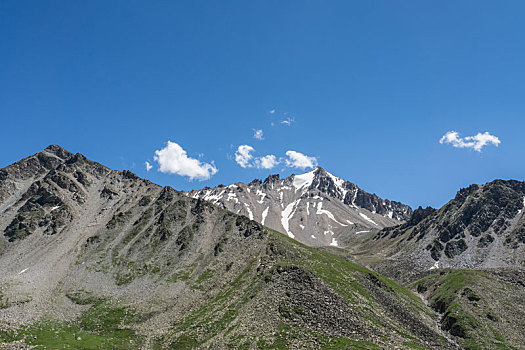 中国新疆夏季蓝天白云下g217独库公路沿途高山戈壁风景