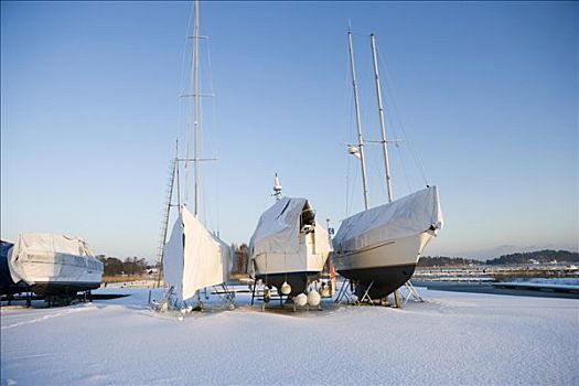 帆船,陆地,冬天,时间