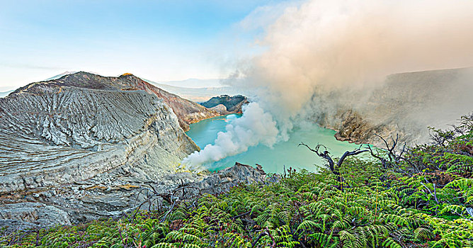 火山,火山囗,火山湖,蒸汽,晨光,东方,爪哇,印度尼西亚,亚洲