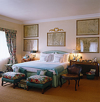 卧室,帘,凳子,相配,布,脚,床,墙壁,装饰,序列,框架,地图