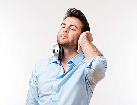 男人,蓝色,衬衫,耳机,听,音乐,隔绝,白色