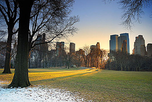 中央公园,纽约,摩天大楼,雪,日落