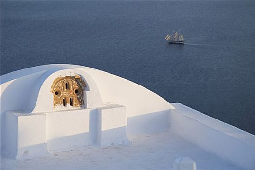 希腊,锡拉岛,刷白,建筑,远眺,海洋,帆船
