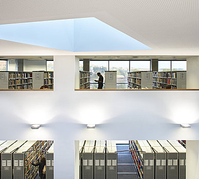 入口,白金汉郡,新,大学,英国,2009年,内景,上方,两个,地面,展示,学生,选择,书本,图书馆