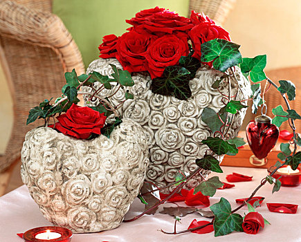 心形,花瓶,红玫瑰,常春藤属,常春藤