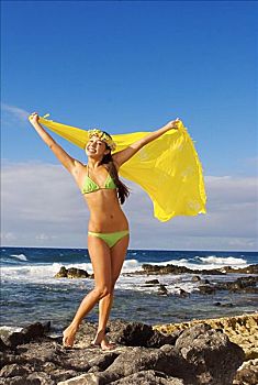 夏威夷,美女,女孩,岩石,海岸线,拿着,黄色,沙滩裙,穿