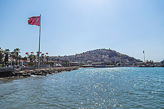 土耳其,旗帜,蓝天,晴天,靠近,地中海,库萨达斯