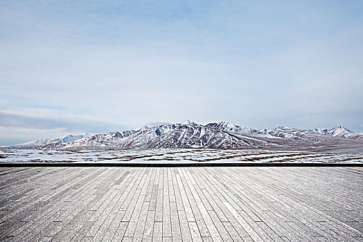 空,砖,地面,雪,山