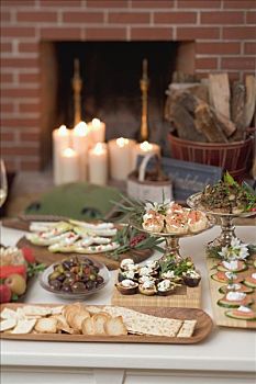 种类,开胃食品,桌上,正面,壁炉,圣诞节
