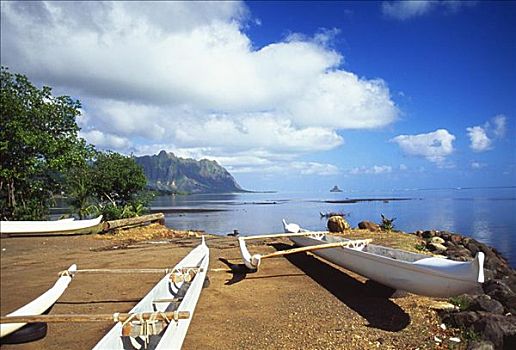 夏威夷,瓦胡岛,舷外支架,独木舟,海滩,青绿色,水
