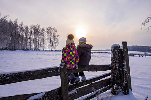 男孩,女孩,坐,围栏,积雪,风景,后视图