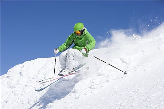 男人,绿色,滑雪,野外雪道