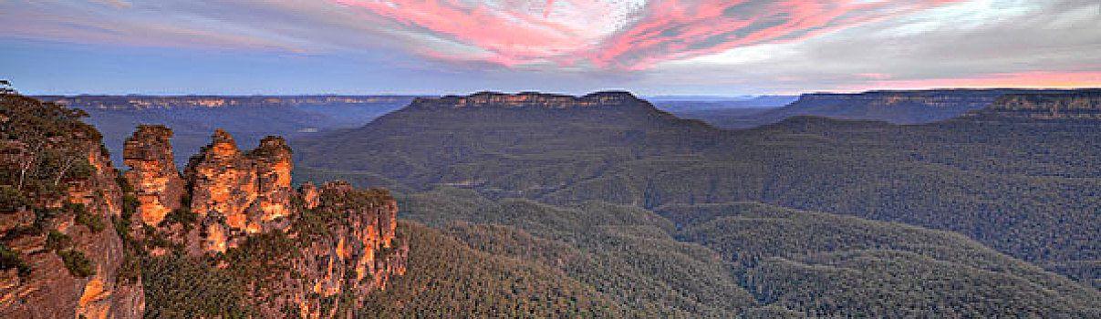 全景,三个,姐妹,石头,排列,傍晚,杰米逊峡谷,蓝山国家公园,新南威尔士,澳大利亚