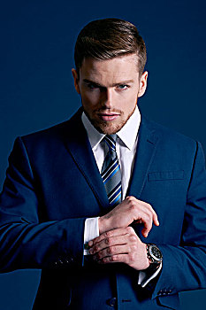 男人,蓝色,套装,领带,胡须,袖口,蓝色背景,看